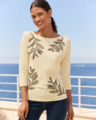 Tommy Bahama | Forever Fronds Embellished Lux 3/4-Sleeve T-Shirt / Coconut