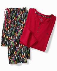 Tommy Bahama | Holiday Parrot Henley & Pants Pajama Set / Poinsettia Red