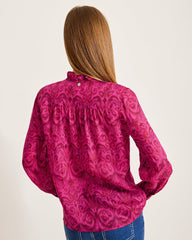 Tommy Bahama | Seaside Ikat Long-Sleeve Ruffle-Neck Top / Pink Papaya