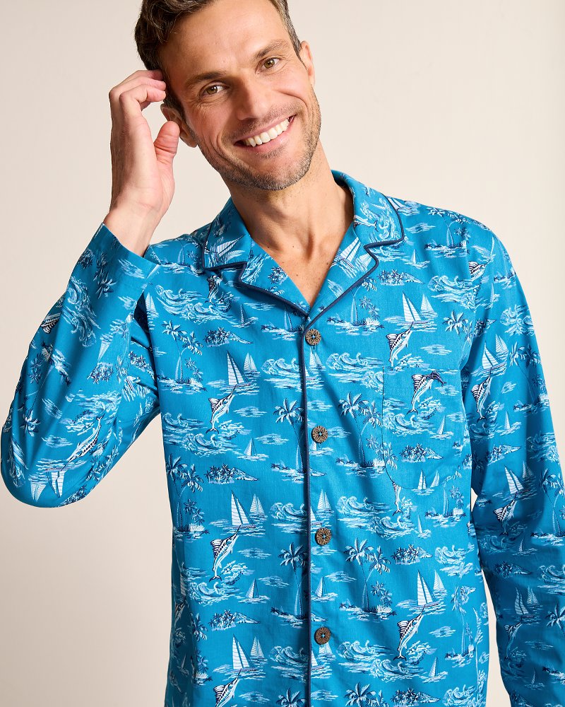 Tommy Bahama | Big & Tall Woven Long Sleeve & Pants Pajama Set / Slate Teal